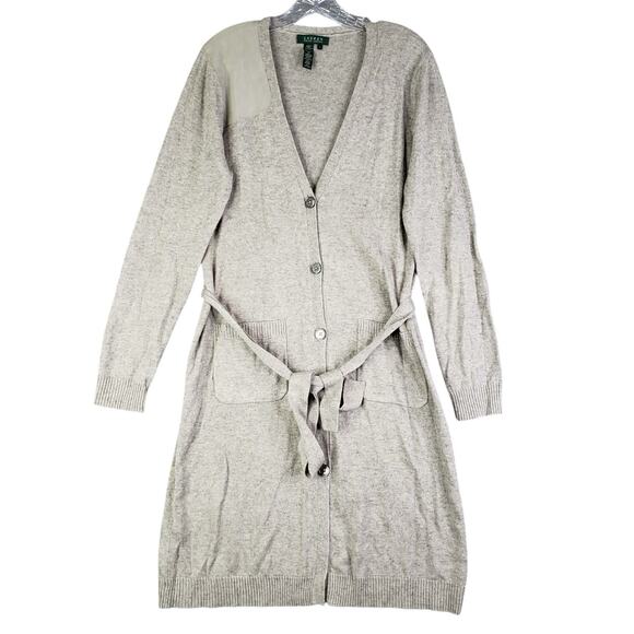 Ralph Lauren Cashmere Sweater Cardigan Leather Elbow Patches Gray Tie Waist - Picture 3 of 11